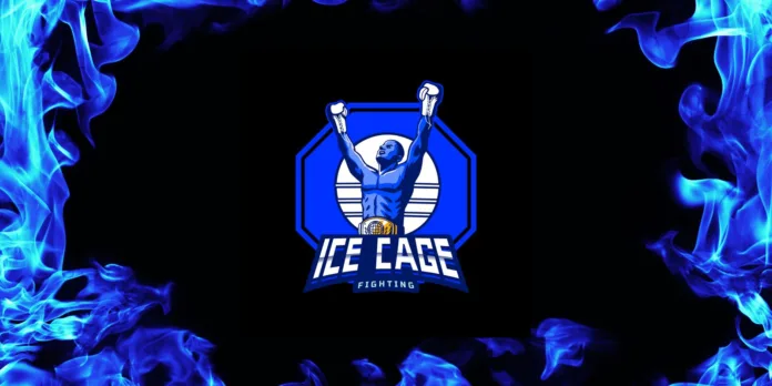Nyrkkeilijä juhlii voittoa sinisten liekkien ympäröimänä Ice Cage Fighting 2 -tapahtuman logossa.