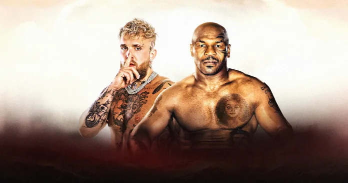Jake Paul ja Mike Tyson poseeraavat vierekkäin Netflixin promokuvassa.