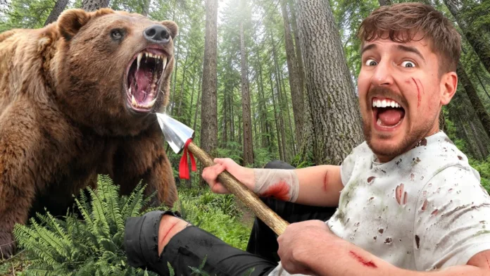 MrBeast kohtaa karhun metsässä pitäen keihästä kädessään, hänen ilmeensä on kauhistunut mutta samalla innostunut.