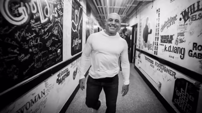 Joe Rogan poseeraa käytävän keskellä. Rogan pohtii minkälainen on Mike Tysonin paluu kehään.